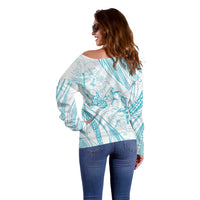 Sharks Couple Dreamy Polynesians Floral Sea Off Shoulder Sweater Turquoise LT7 - Polynesian Pride