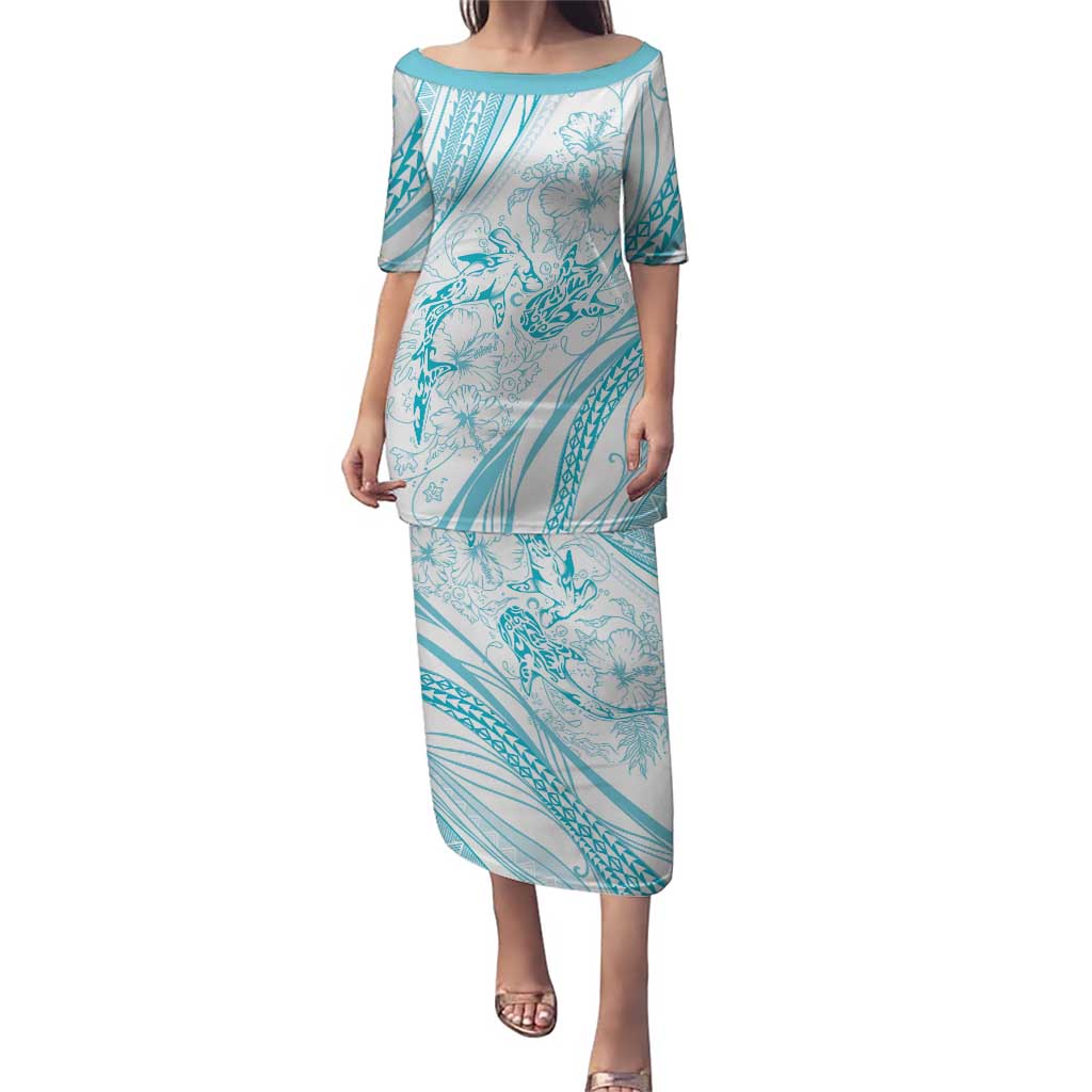 Sharks Couple Dreamy Polynesians Floral Sea Puletasi Turquoise LT7 Long Dress Turquoise - Polynesian Pride