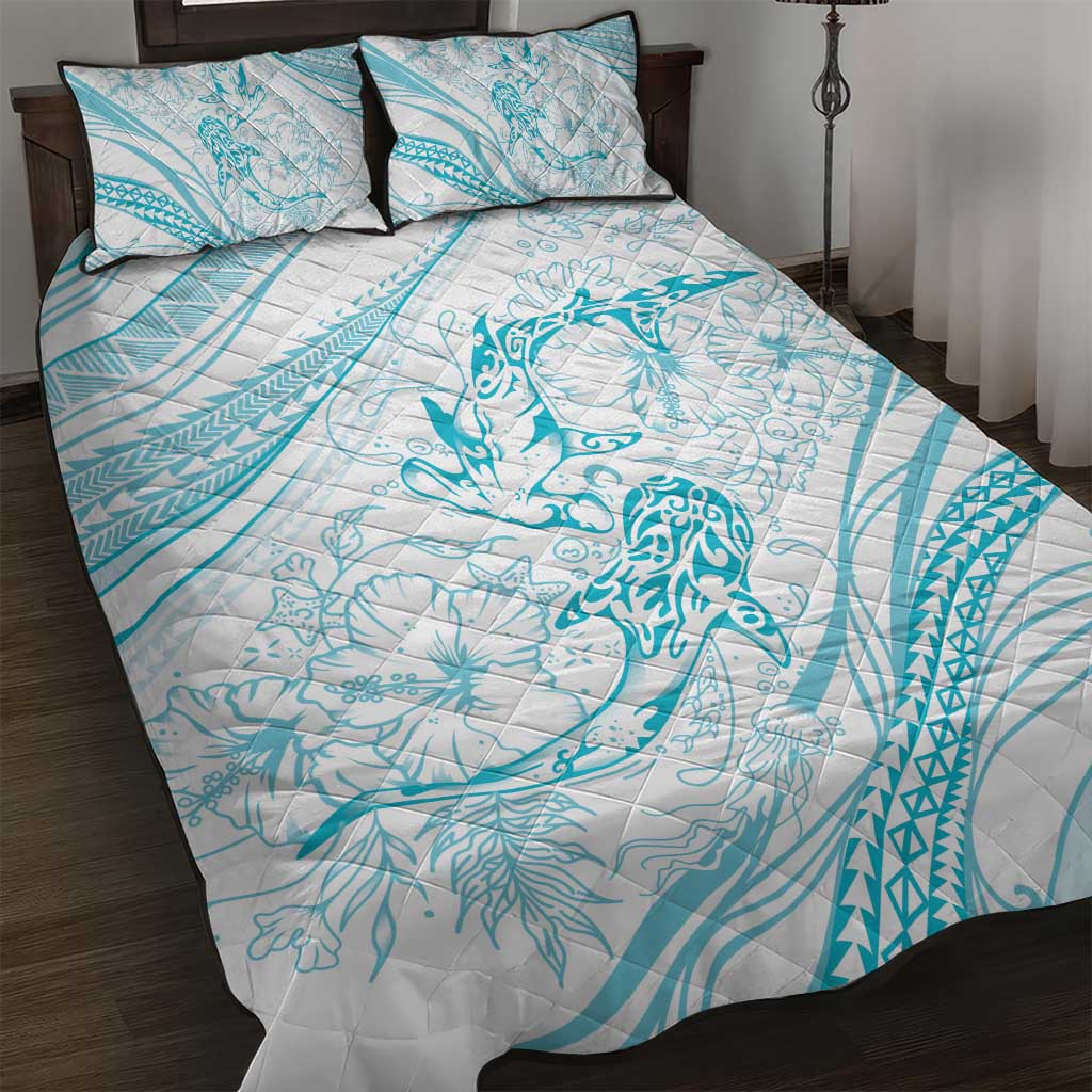 Sharks Couple Dreamy Polynesians Floral Sea Quilt Bed Set Turquoise LT7 Turquoise - Polynesian Pride