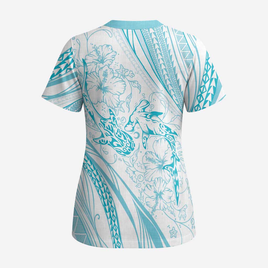 Sharks Couple Dreamy Polynesians Floral Sea Scrub Top Turquoise LT7 - Polynesian Pride