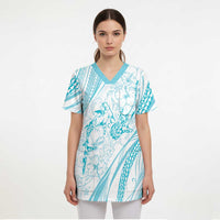 Sharks Couple Dreamy Polynesians Floral Sea Scrub Top Turquoise LT7 - Polynesian Pride