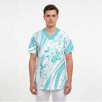 Sharks Couple Dreamy Polynesians Floral Sea Scrub Top Turquoise LT7 - Polynesian Pride