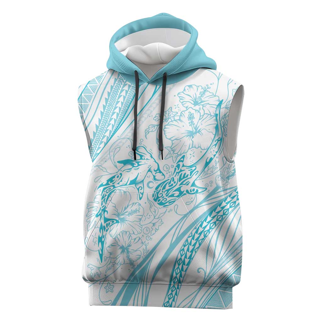 Sharks Couple Dreamy Polynesians Floral Sea Sleeveless Hoodie Turquoise LT7 Turquoise - Polynesian Pride