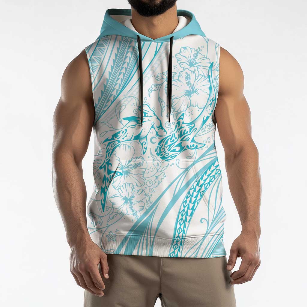 Sharks Couple Dreamy Polynesians Floral Sea Sleeveless Hoodie Turquoise LT7 - Polynesian Pride