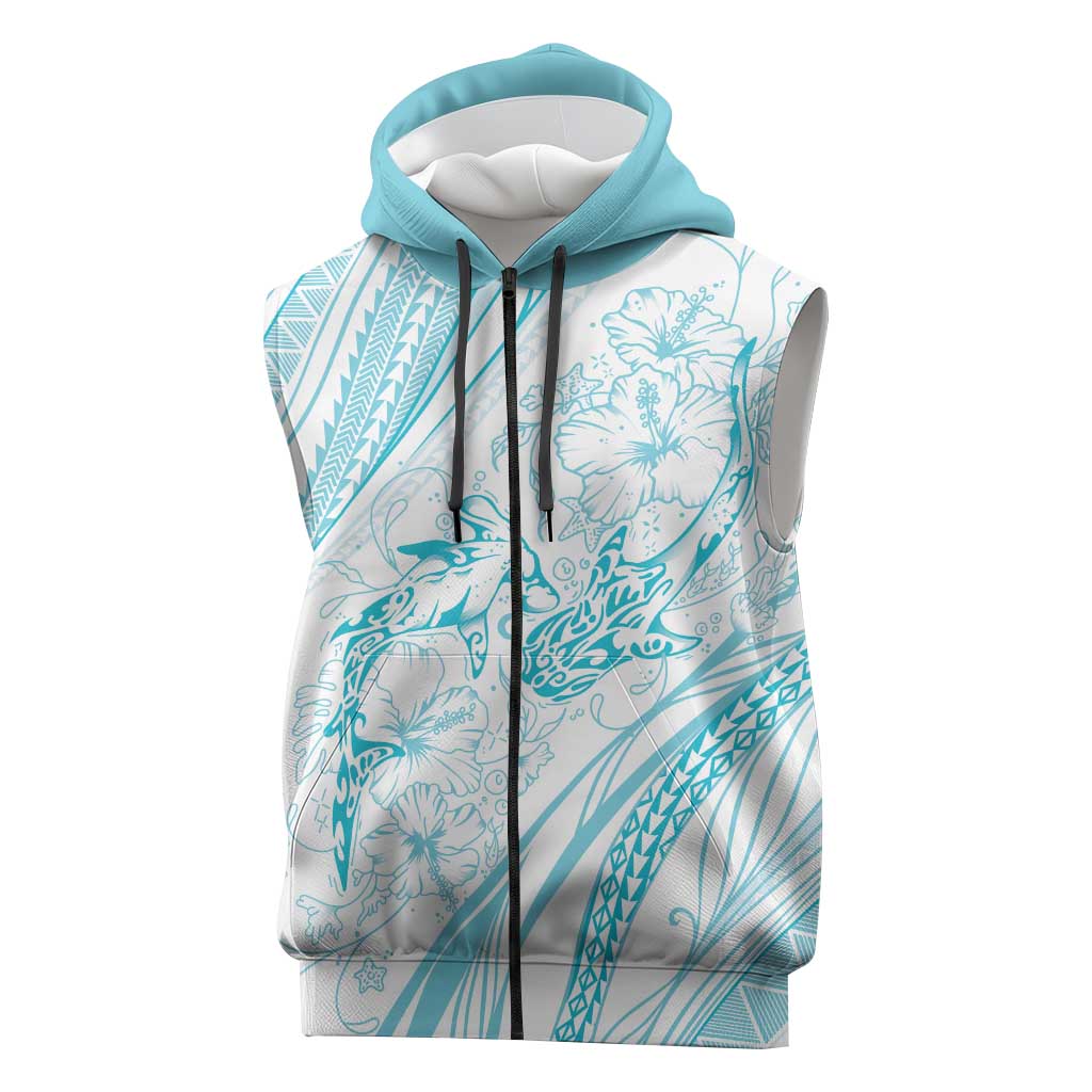 Sharks Couple Dreamy Polynesians Floral Sea Sleeveless Zip Hoodie Turquoise LT7 Turquoise - Polynesian Pride
