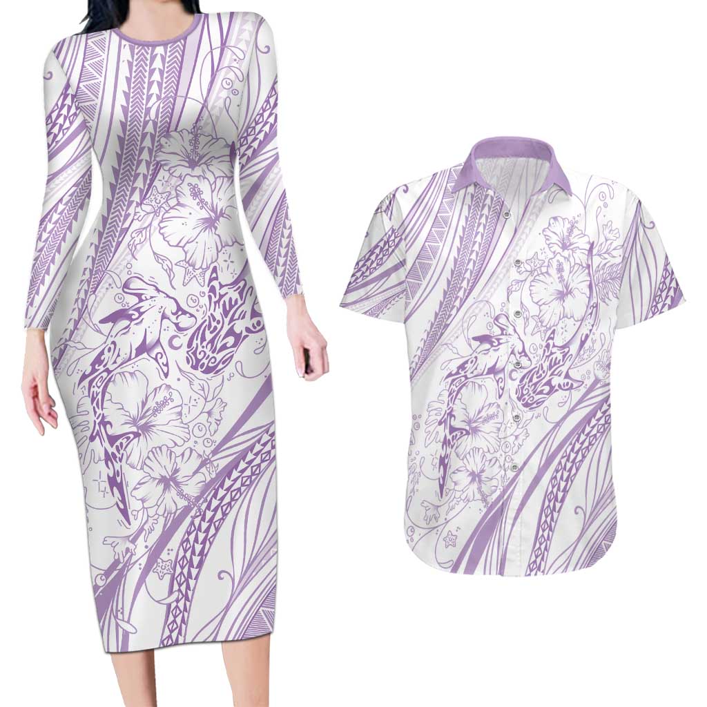 Sharks Couple Dreamy Polynesians Floral Sea Couples Matching Long Sleeve Bodycon Dress and Hawaiian Shirt Lilac - Polynesian Pride