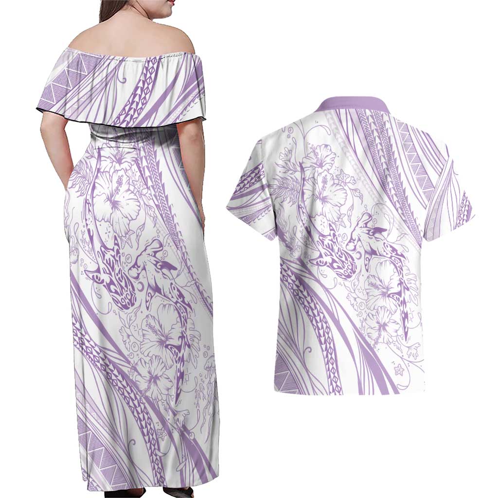 Sharks Couple Dreamy Polynesians Floral Sea Couples Matching Off Shoulder Maxi Dress and Hawaiian Shirt Lilac - Polynesian Pride