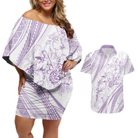 Sharks Couple Dreamy Polynesians Floral Sea Couples Matching Off Shoulder Short Dress and Hawaiian Shirt Lilac - Polynesian Pride