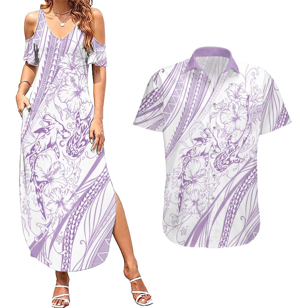 Sharks Couple Dreamy Polynesians Floral Sea Couples Matching Summer Maxi Dress and Hawaiian Shirt Lilac - Polynesian Pride