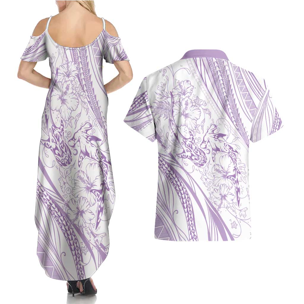 Sharks Couple Dreamy Polynesians Floral Sea Couples Matching Summer Maxi Dress and Hawaiian Shirt Lilac - Polynesian Pride