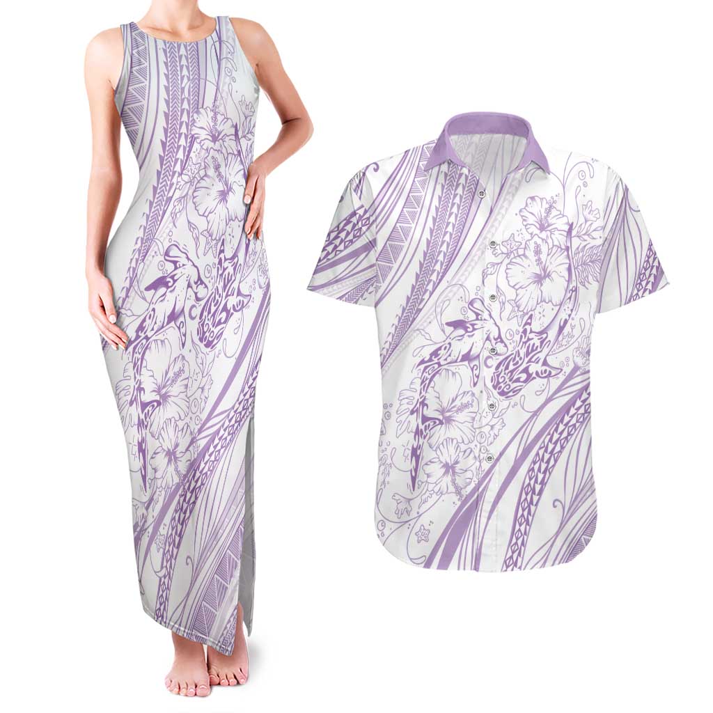 Sharks Couple Dreamy Polynesians Floral Sea Couples Matching Tank Maxi Dress and Hawaiian Shirt Lilac - Polynesian Pride