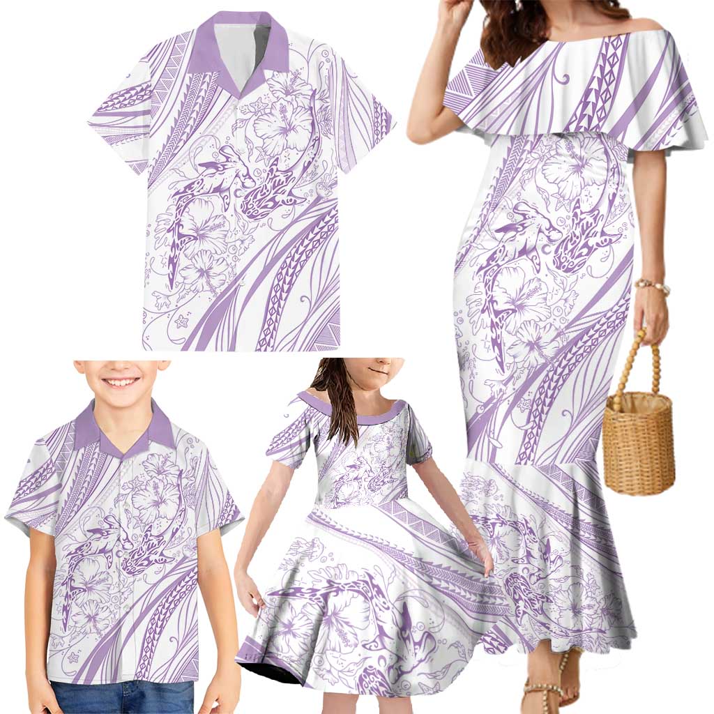 Sharks Couple Dreamy Polynesians Floral Sea Family Matching Mermaid Dress and Hawaiian Shirt Lilac - Polynesian Pride