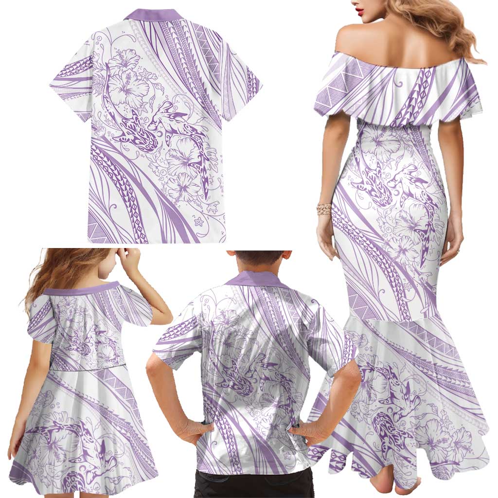 Sharks Couple Dreamy Polynesians Floral Sea Family Matching Mermaid Dress and Hawaiian Shirt Lilac - Polynesian Pride
