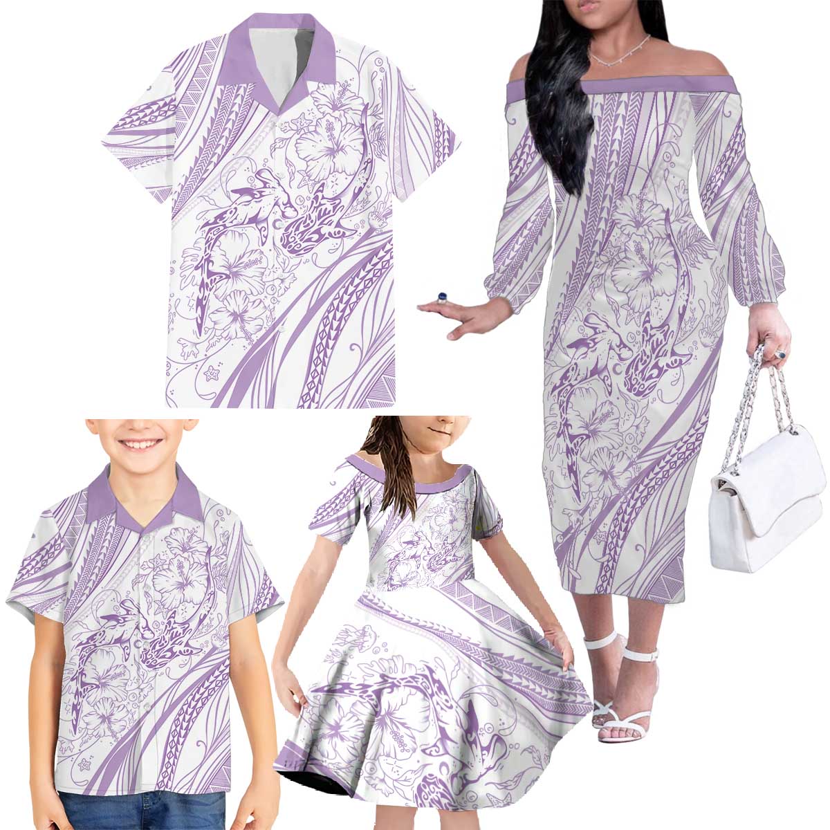 Sharks Couple Dreamy Polynesians Floral Sea Family Matching Off The Shoulder Long Sleeve Dress and Hawaiian Shirt Lilac - Polynesian Pride