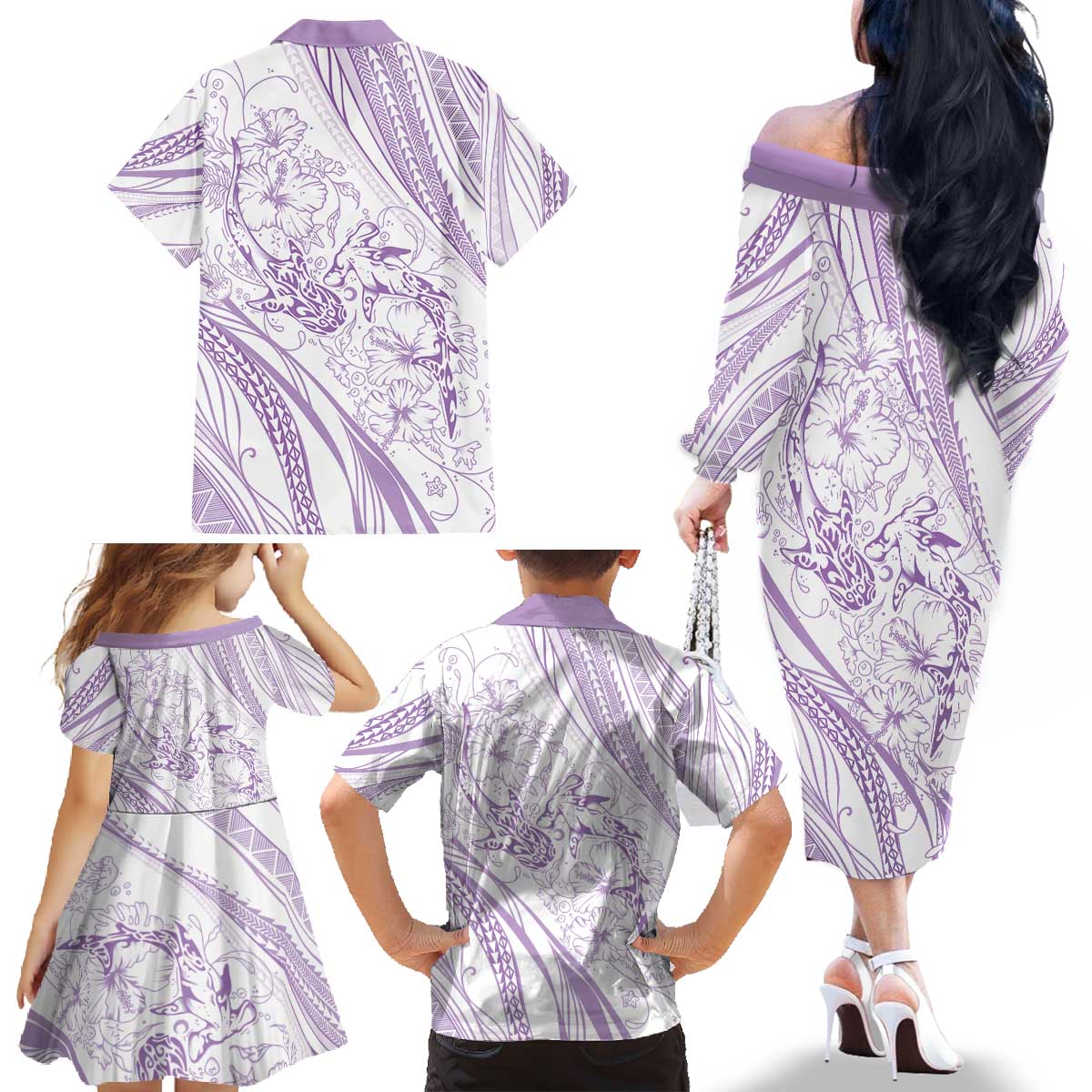 Sharks Couple Dreamy Polynesians Floral Sea Family Matching Off The Shoulder Long Sleeve Dress and Hawaiian Shirt Lilac - Polynesian Pride