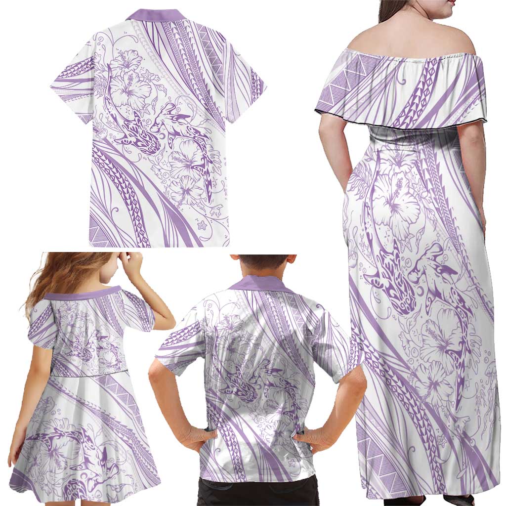 Sharks Couple Dreamy Polynesians Floral Sea Family Matching Off Shoulder Maxi Dress and Hawaiian Shirt Lilac - Polynesian Pride
