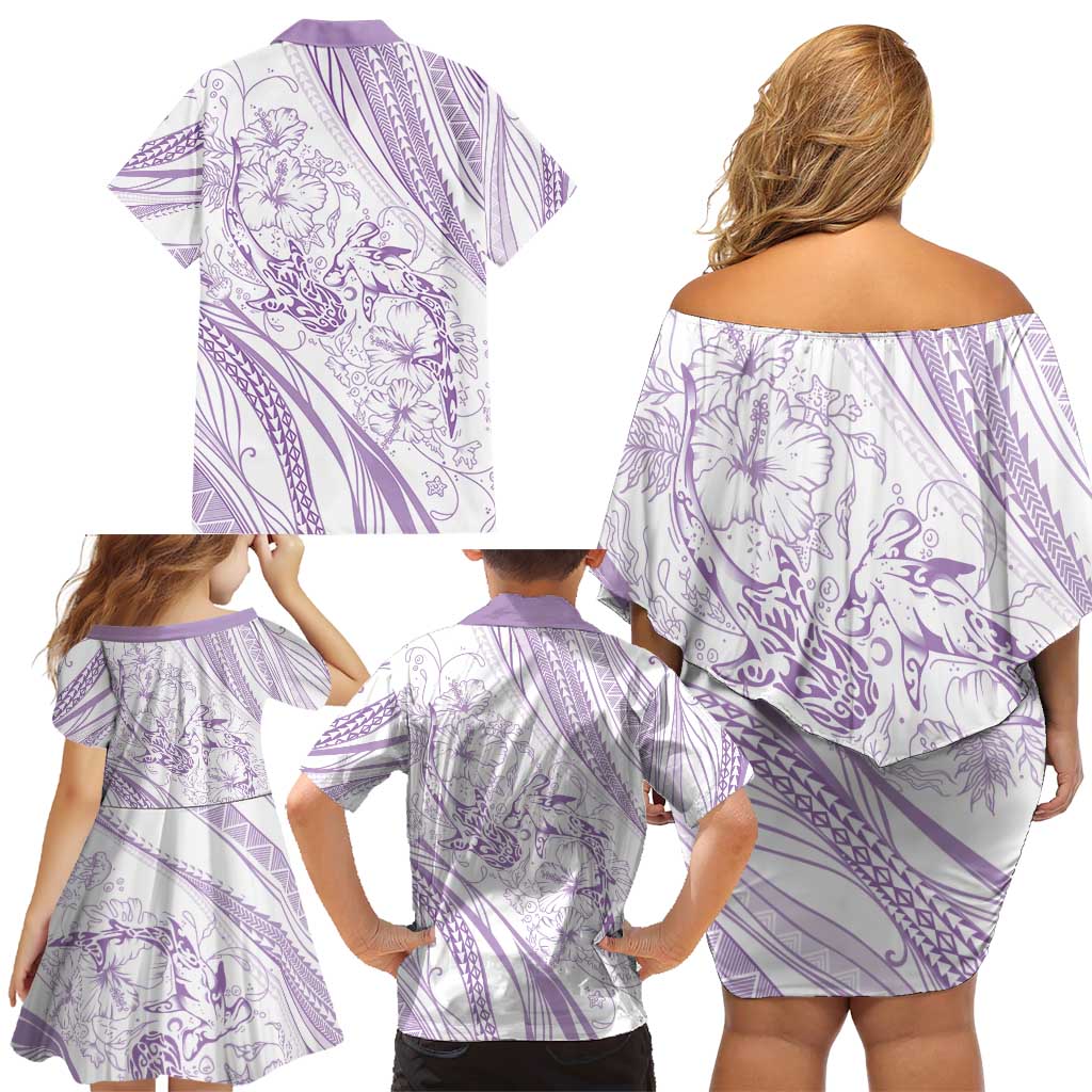 Sharks Couple Dreamy Polynesians Floral Sea Family Matching Off Shoulder Short Dress and Hawaiian Shirt Lilac - Polynesian Pride