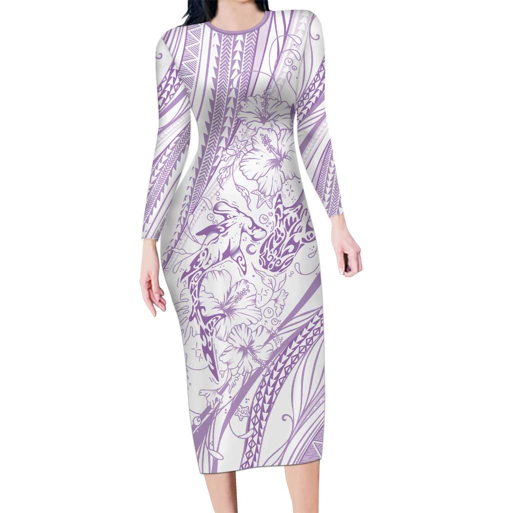 Sharks Couple Dreamy Polynesians Floral Sea Long Sleeve Bodycon Dress Lilac LT7 Long Dress Lilac - Polynesian Pride