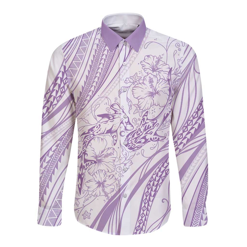 Sharks Couple Dreamy Polynesians Floral Sea Long Sleeve Button Shirt Lilac LT7 Unisex Lilac - Polynesian Pride