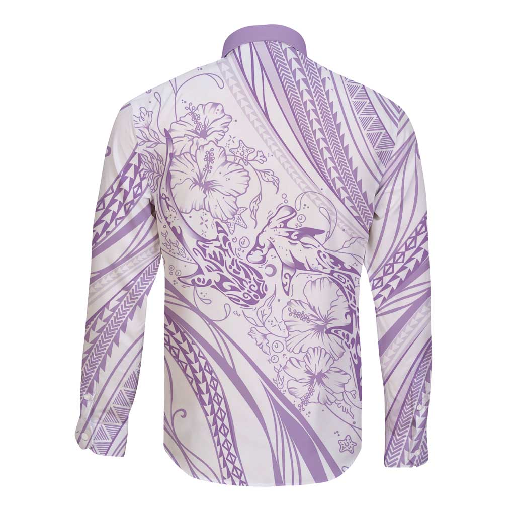 Sharks Couple Dreamy Polynesians Floral Sea Long Sleeve Button Shirt Lilac LT7 - Polynesian Pride