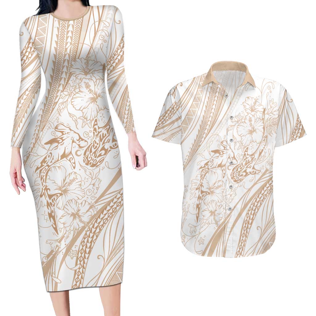 Sharks Couple Dreamy Polynesians Floral Sea Couples Matching Long Sleeve Bodycon Dress and Hawaiian Shirt Hazel - Polynesian Pride