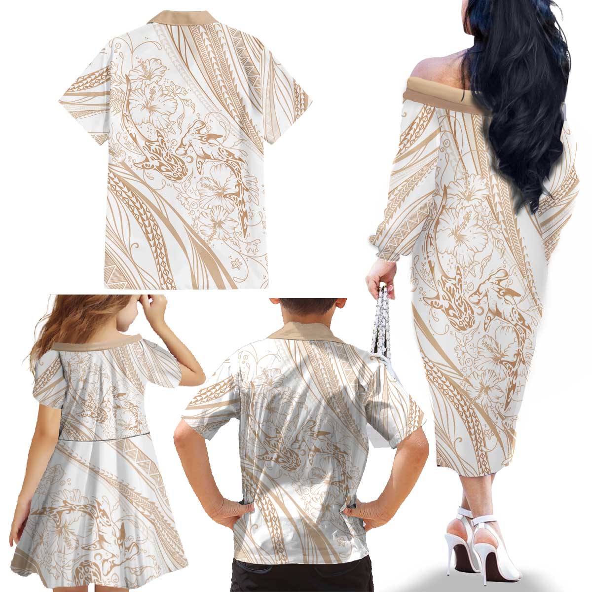 Sharks Couple Dreamy Polynesians Floral Sea Family Matching Off The Shoulder Long Sleeve Dress and Hawaiian Shirt Hazel - Polynesian Pride