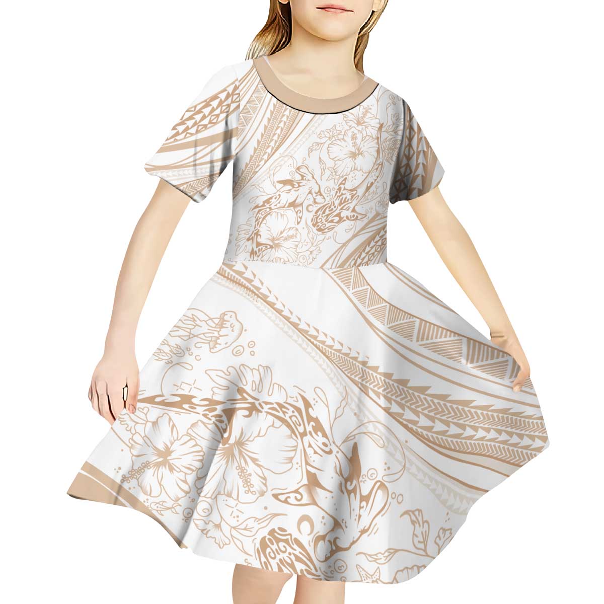 Sharks Couple Dreamy Polynesians Floral Sea Kid Short Sleeve Dress Hazel LT7 - Polynesian Pride