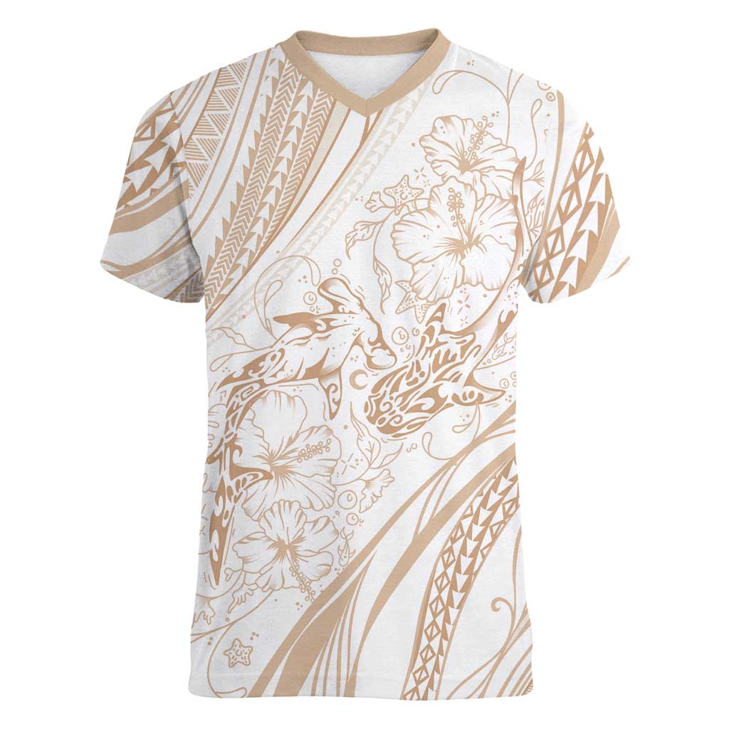 Sharks Couple Dreamy Polynesians Floral Sea Women V-Neck T-Shirt Hazel LT7 Female Hazel - Polynesian Pride