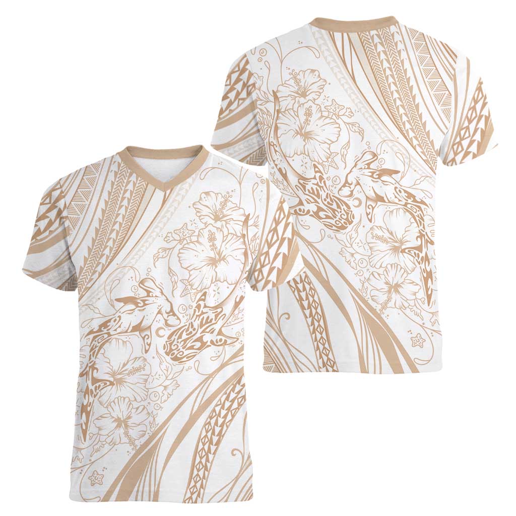 Sharks Couple Dreamy Polynesians Floral Sea Women V-Neck T-Shirt Hazel LT7 - Polynesian Pride