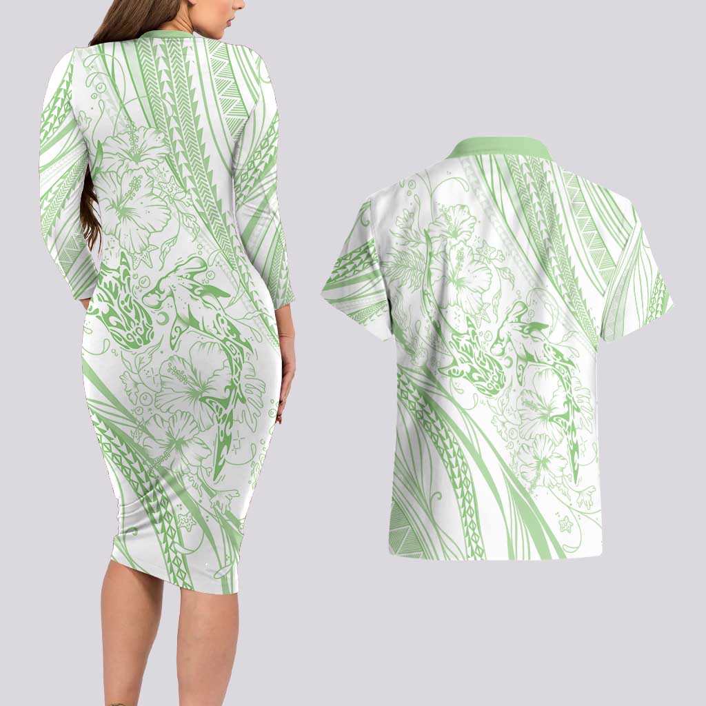 Sharks Couple Dreamy Polynesians Floral Sea Couples Matching Long Sleeve Bodycon Dress and Hawaiian Shirt Emerald - Polynesian Pride