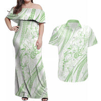Sharks Couple Dreamy Polynesians Floral Sea Couples Matching Off Shoulder Maxi Dress and Hawaiian Shirt Emerald - Polynesian Pride