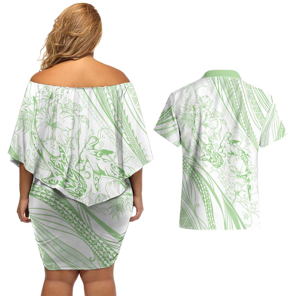 Sharks Couple Dreamy Polynesians Floral Sea Couples Matching Off Shoulder Short Dress and Hawaiian Shirt Emerald - Polynesian Pride
