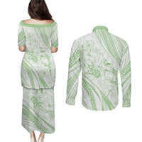 Sharks Couple Dreamy Polynesians Floral Sea Couples Matching Puletasi and Long Sleeve Button Shirt Emerald LT7 - Polynesian Pride