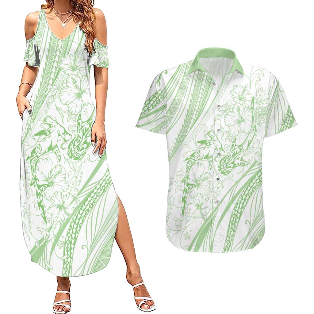 Sharks Couple Dreamy Polynesians Floral Sea Couples Matching Summer Maxi Dress and Hawaiian Shirt Emerald - Polynesian Pride