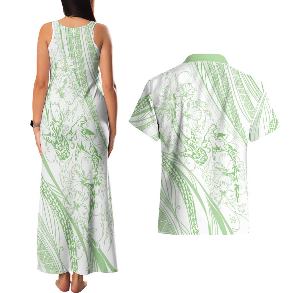 Sharks Couple Dreamy Polynesians Floral Sea Couples Matching Tank Maxi Dress and Hawaiian Shirt Emerald - Polynesian Pride