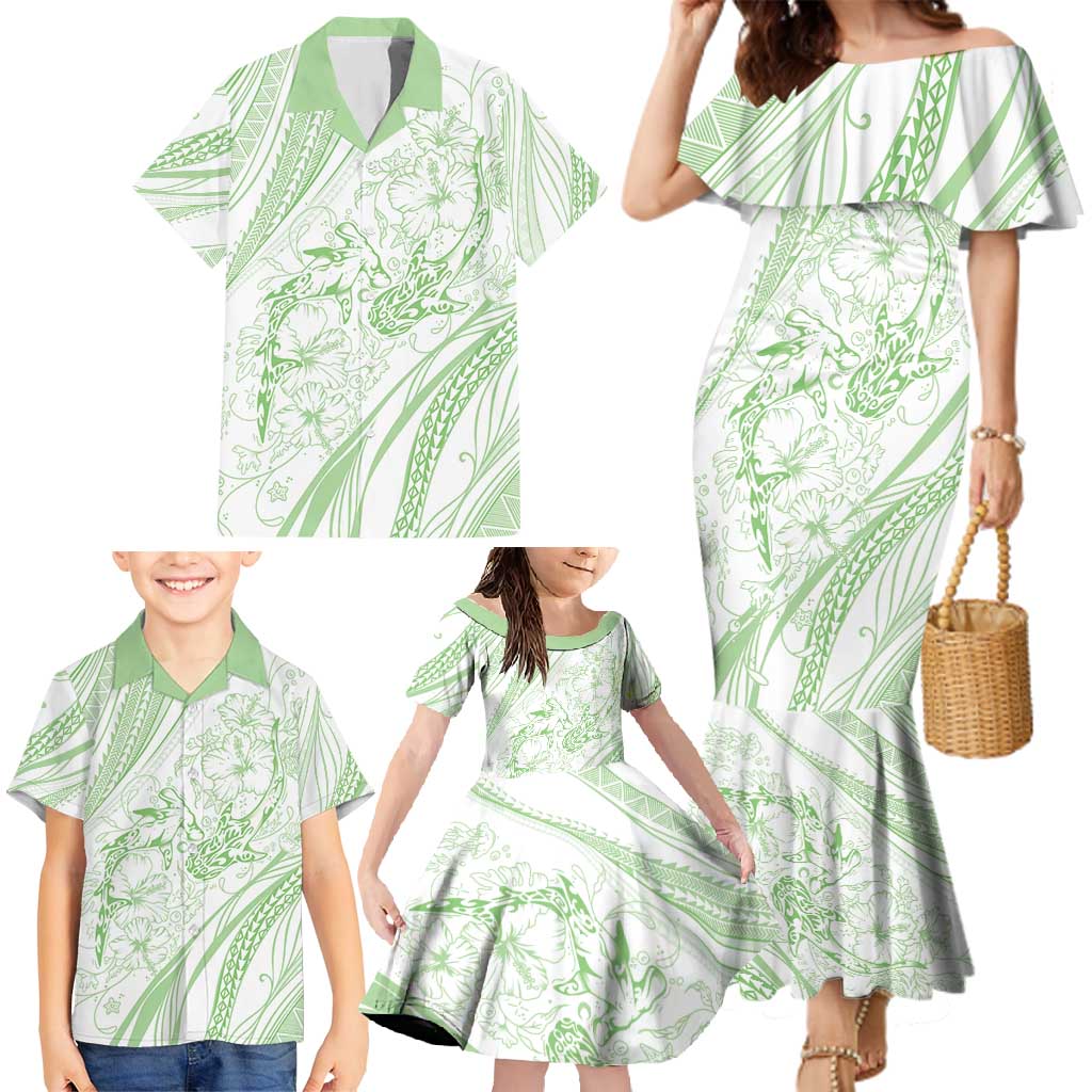 Sharks Couple Dreamy Polynesians Floral Sea Family Matching Mermaid Dress and Hawaiian Shirt Emerald - Polynesian Pride
