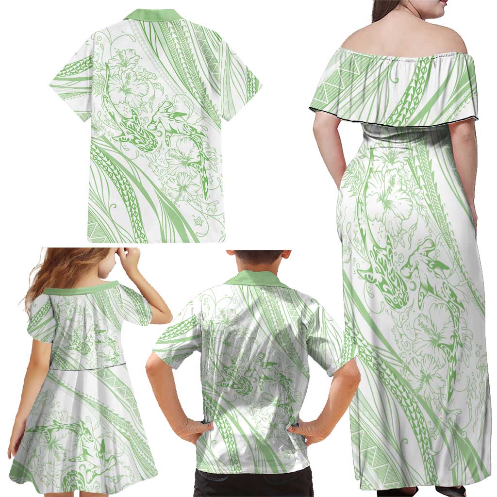 Sharks Couple Dreamy Polynesians Floral Sea Family Matching Off Shoulder Maxi Dress and Hawaiian Shirt Emerald - Polynesian Pride