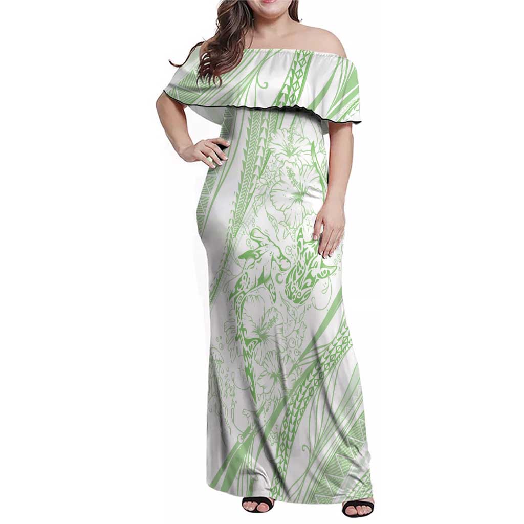 Sharks Couple Dreamy Polynesians Floral Sea Family Matching Off Shoulder Maxi Dress and Hawaiian Shirt Emerald - Polynesian Pride