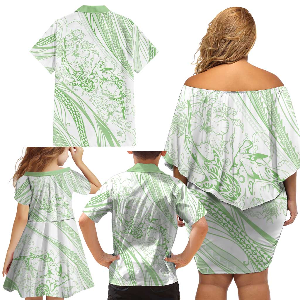 Sharks Couple Dreamy Polynesians Floral Sea Family Matching Off Shoulder Short Dress and Hawaiian Shirt Emerald - Polynesian Pride
