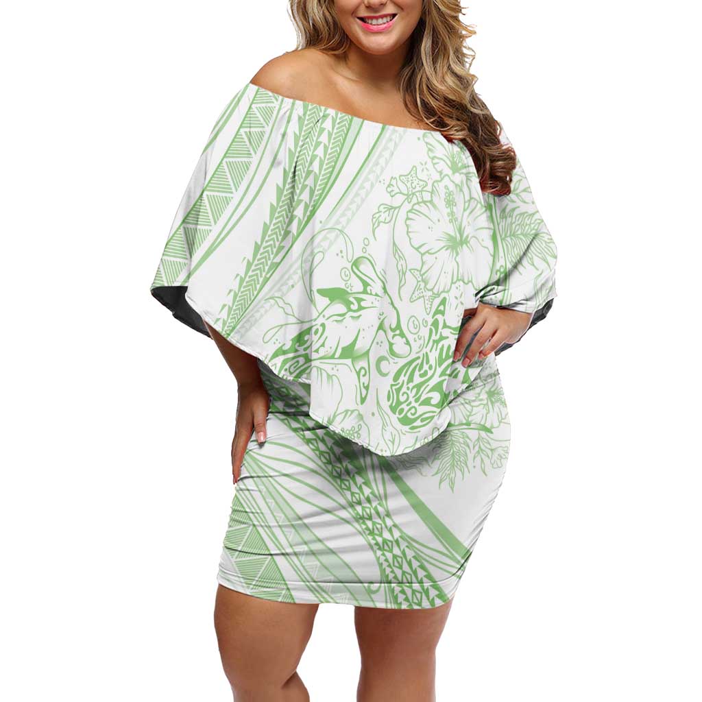 Sharks Couple Dreamy Polynesians Floral Sea Family Matching Off Shoulder Short Dress and Hawaiian Shirt Emerald - Polynesian Pride