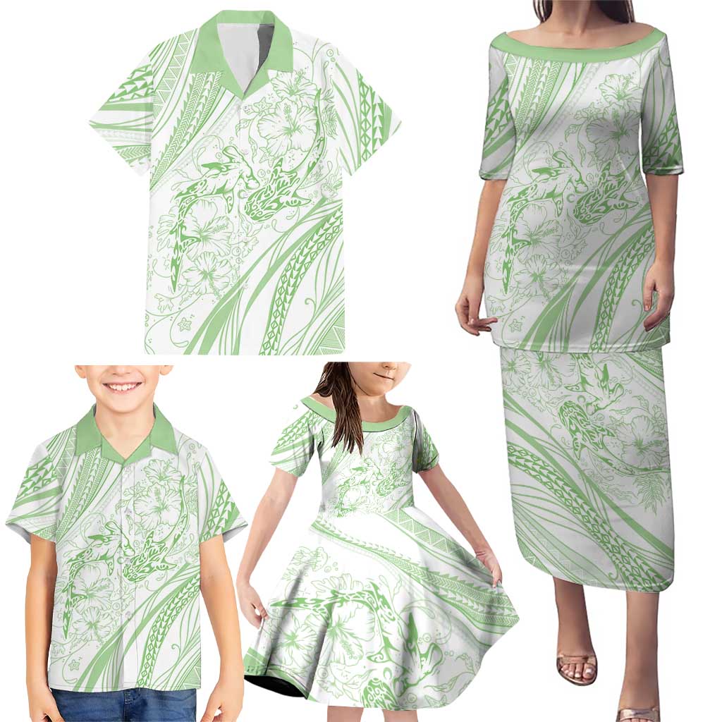 Sharks Couple Dreamy Polynesians Floral Sea Family Matching Puletasi and Hawaiian Shirt Emerald - Polynesian Pride