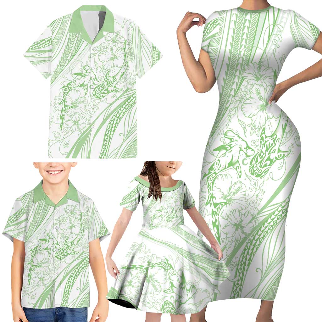 Sharks Couple Dreamy Polynesians Floral Sea Family Matching Short Sleeve Bodycon Dress and Hawaiian Shirt Emerald - Polynesian Pride