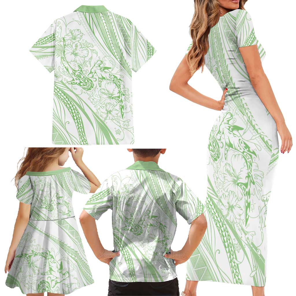 Sharks Couple Dreamy Polynesians Floral Sea Family Matching Short Sleeve Bodycon Dress and Hawaiian Shirt Emerald - Polynesian Pride