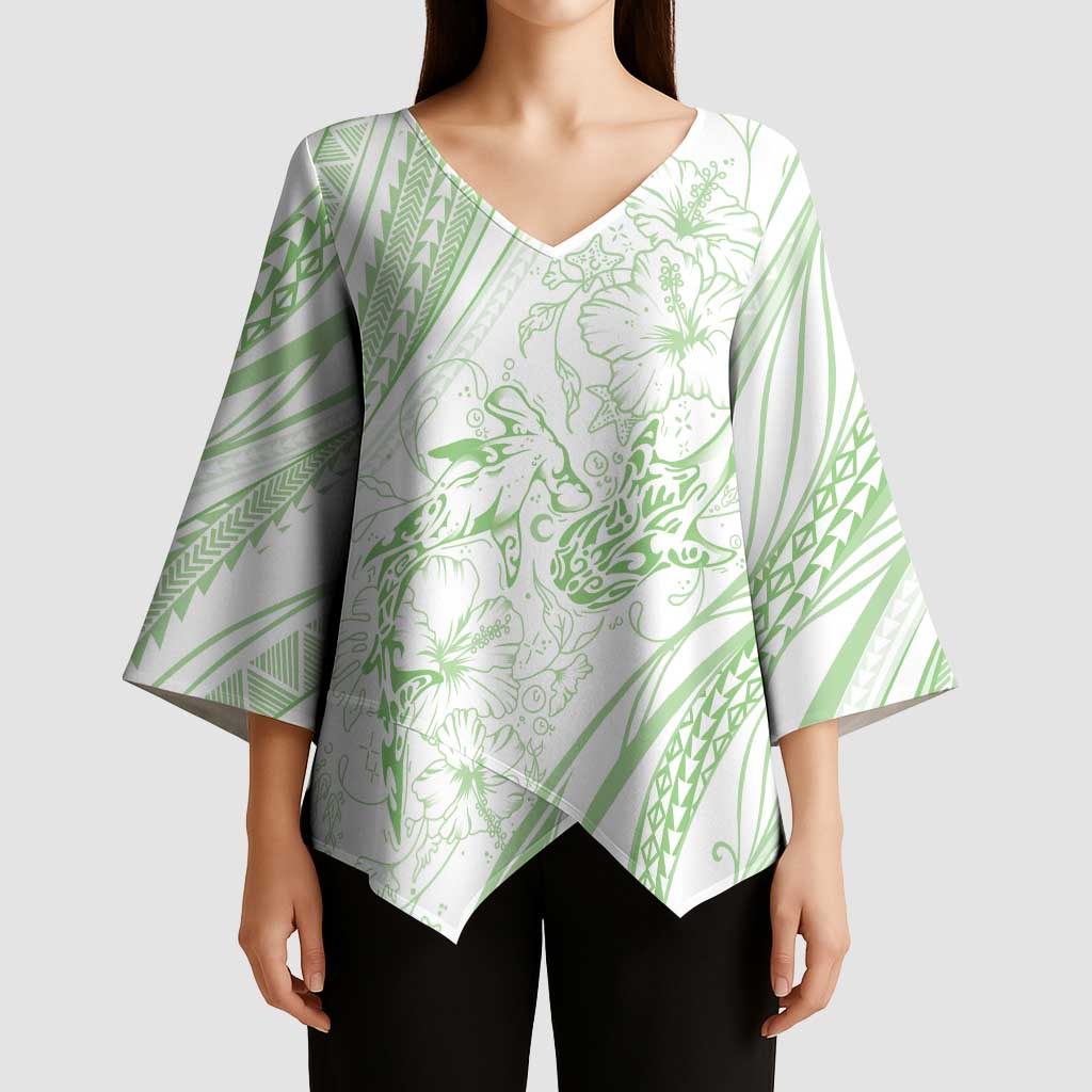 Sharks Couple Dreamy Polynesians Floral Sea Kimono Sleeve Blouse Emerald - Polynesian Pride