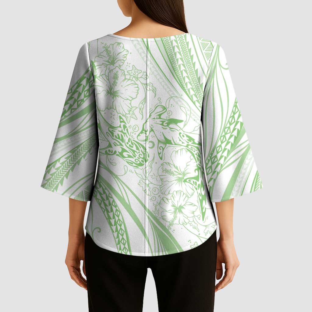Sharks Couple Dreamy Polynesians Floral Sea Kimono Sleeve Blouse Emerald - Polynesian Pride