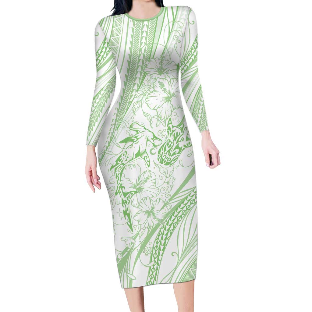 Sharks Couple Dreamy Polynesians Floral Sea Long Sleeve Bodycon Dress Emerald LT7 Long Dress Emerald - Polynesian Pride