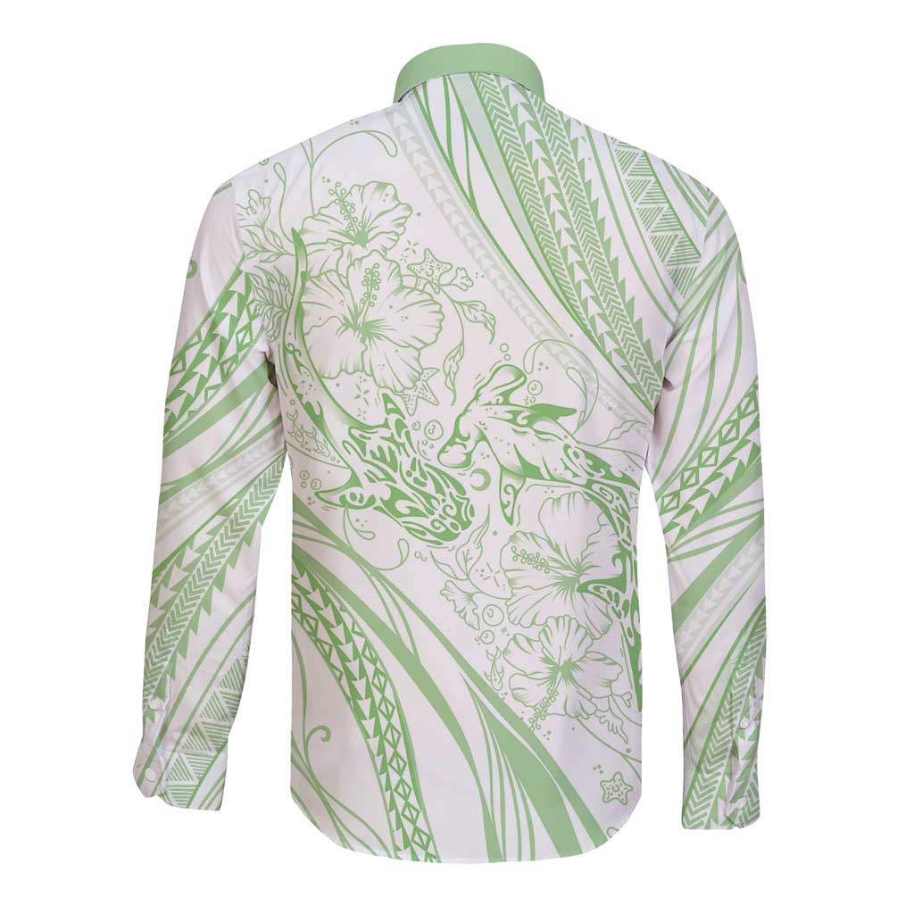 Sharks Couple Dreamy Polynesians Floral Sea Long Sleeve Button Shirt Emerald LT7 - Polynesian Pride