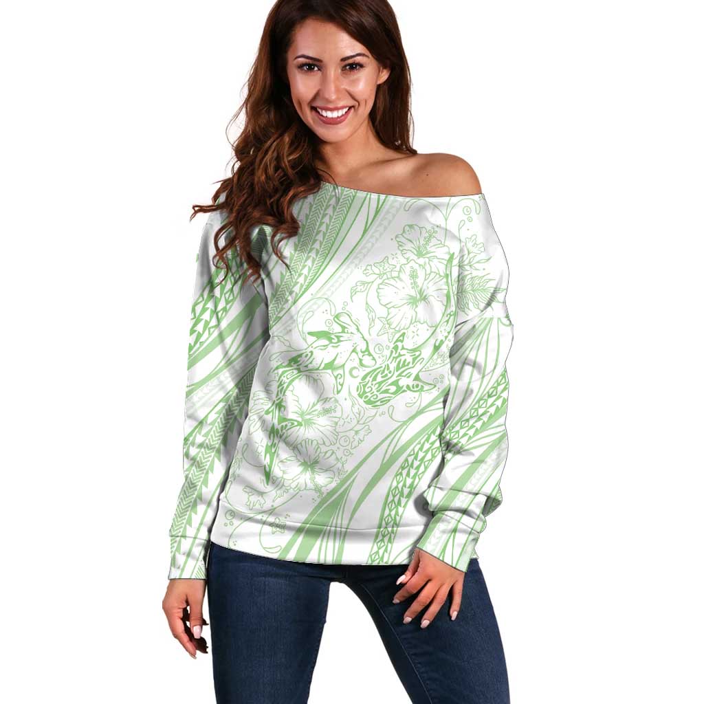 Sharks Couple Dreamy Polynesians Floral Sea Off Shoulder Sweater Emerald - Polynesian Pride