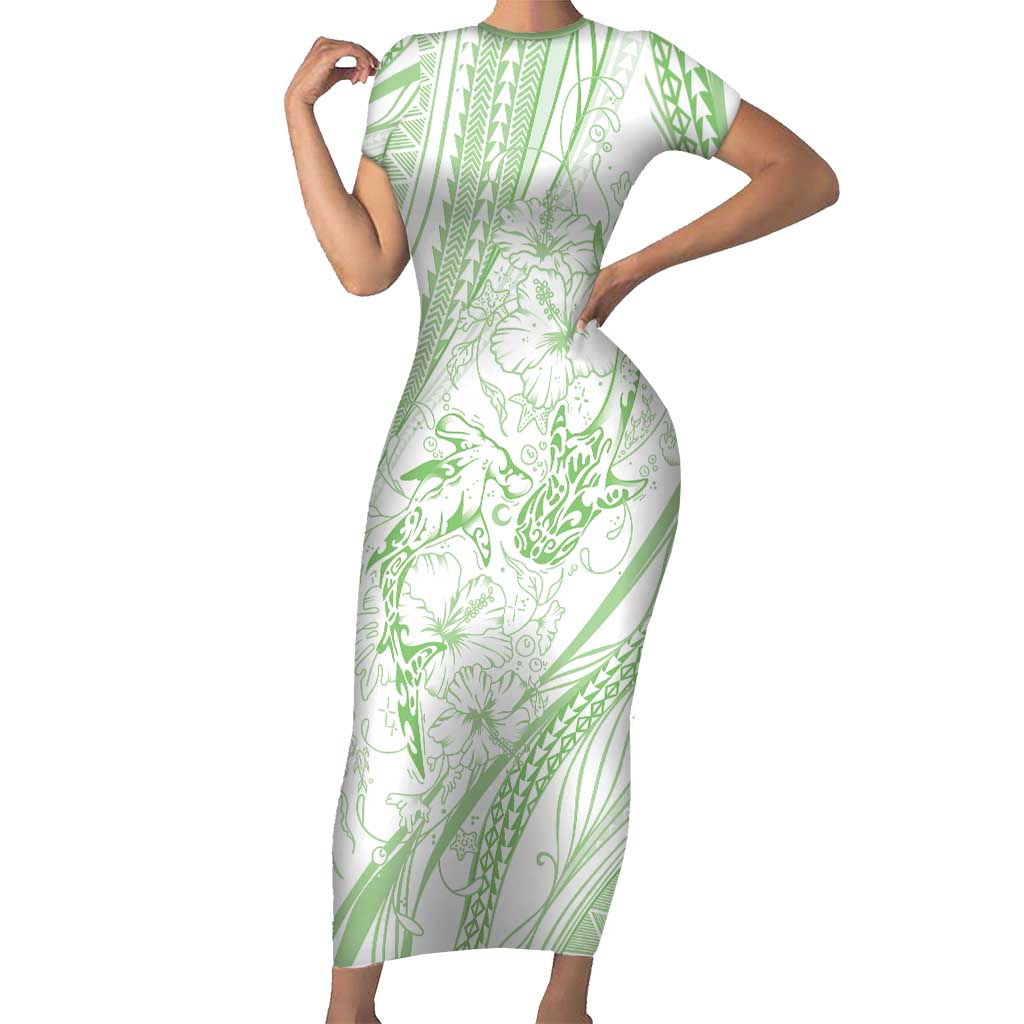 Sharks Couple Dreamy Polynesians Floral Sea Short Sleeve Bodycon Dress Emerald LT7 Long Dress Emerald - Polynesian Pride