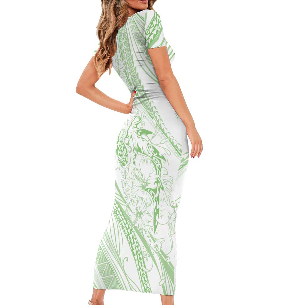 Sharks Couple Dreamy Polynesians Floral Sea Short Sleeve Bodycon Dress Emerald LT7 - Polynesian Pride